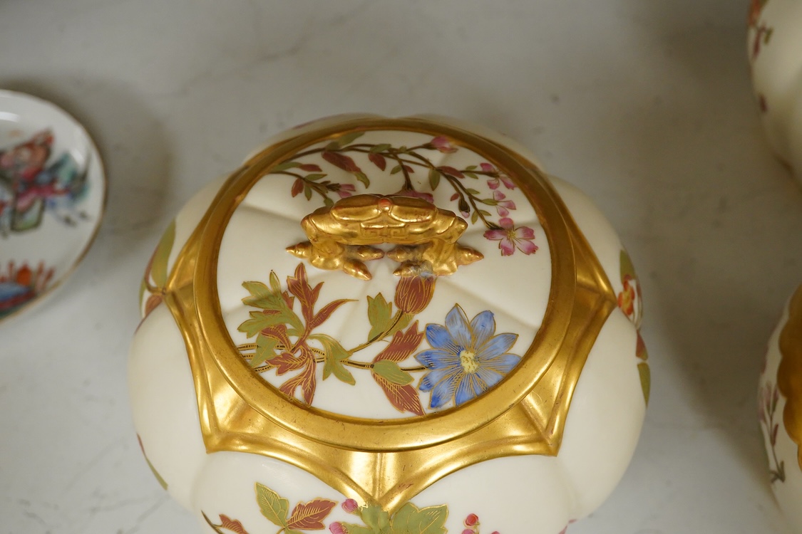 Three 19th century Worcester blush ivory potpourri or biscuit jars and covers, two with liners, each decorated with flowers and buds, largest 20cm high